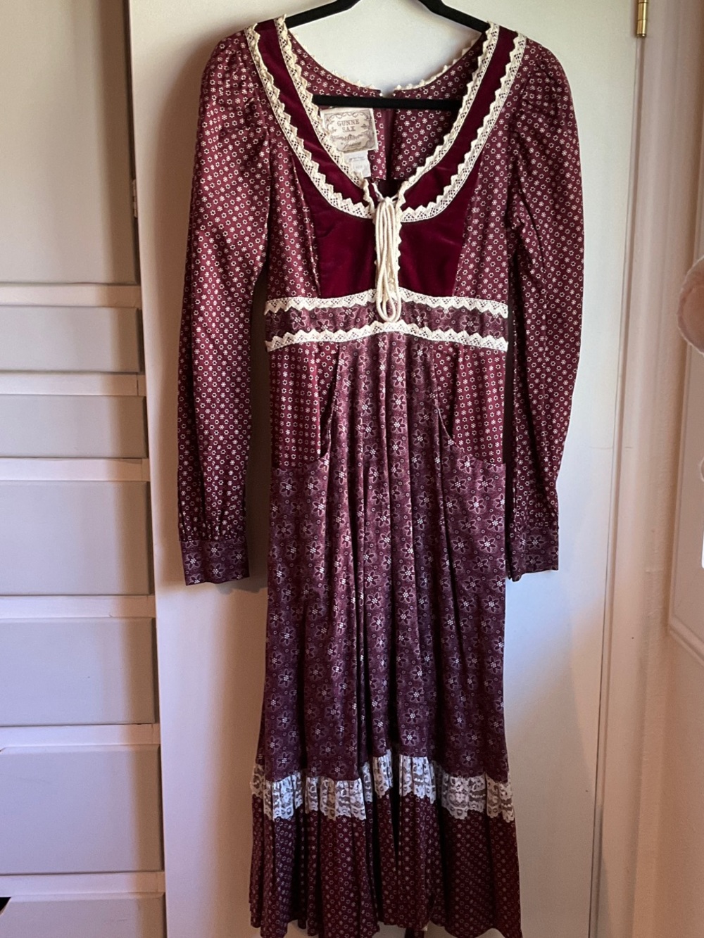 Gunne Sax Burgundy and Cream Lace-Trim Maxi Dress
